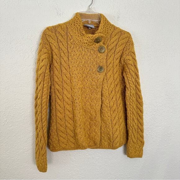 Aran Crafts Wool Trellis Cable Cardigan Mustard Yellow XS - Picture 3 of 6